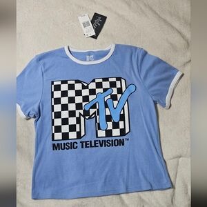 NWT MTV Blue Short Sleeve Tee with Retro Checkerboard Design; Junior Size Large